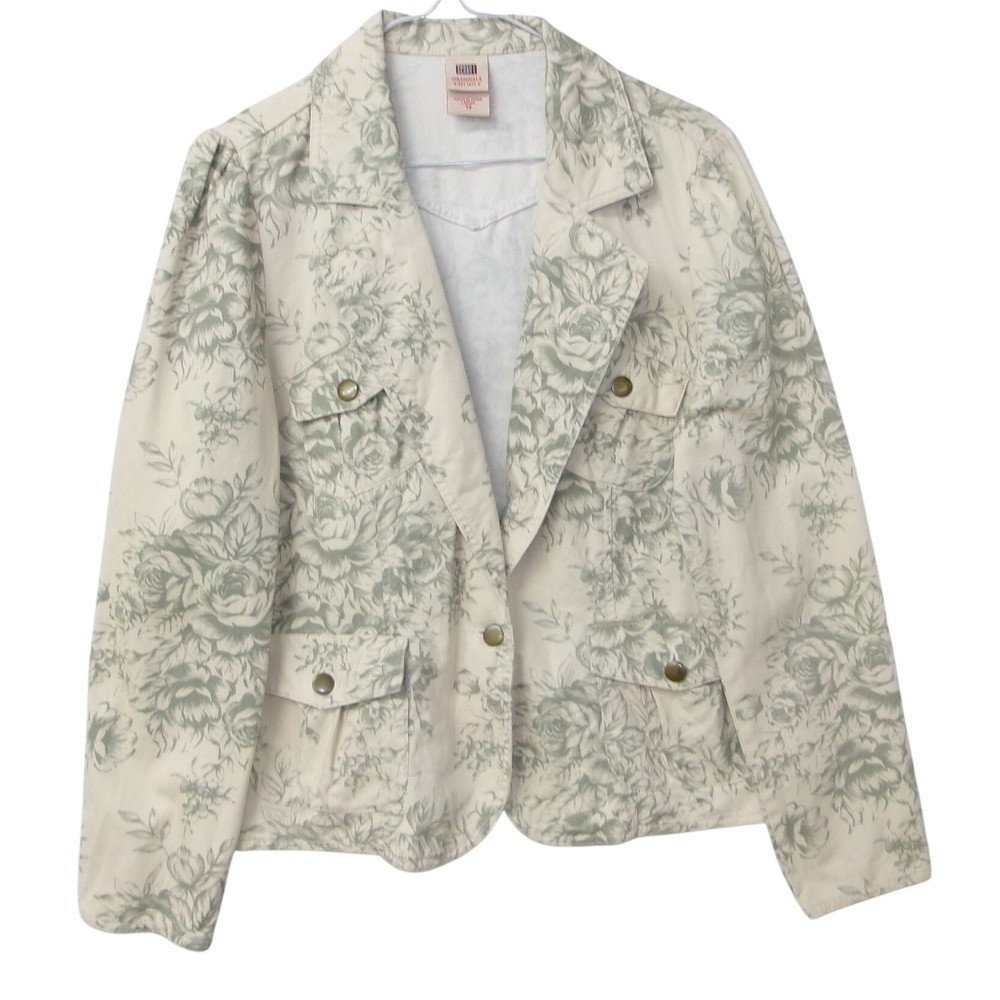 Faded Glory Women's Floral Jacket Blazer Light Wash Button Front Size 12